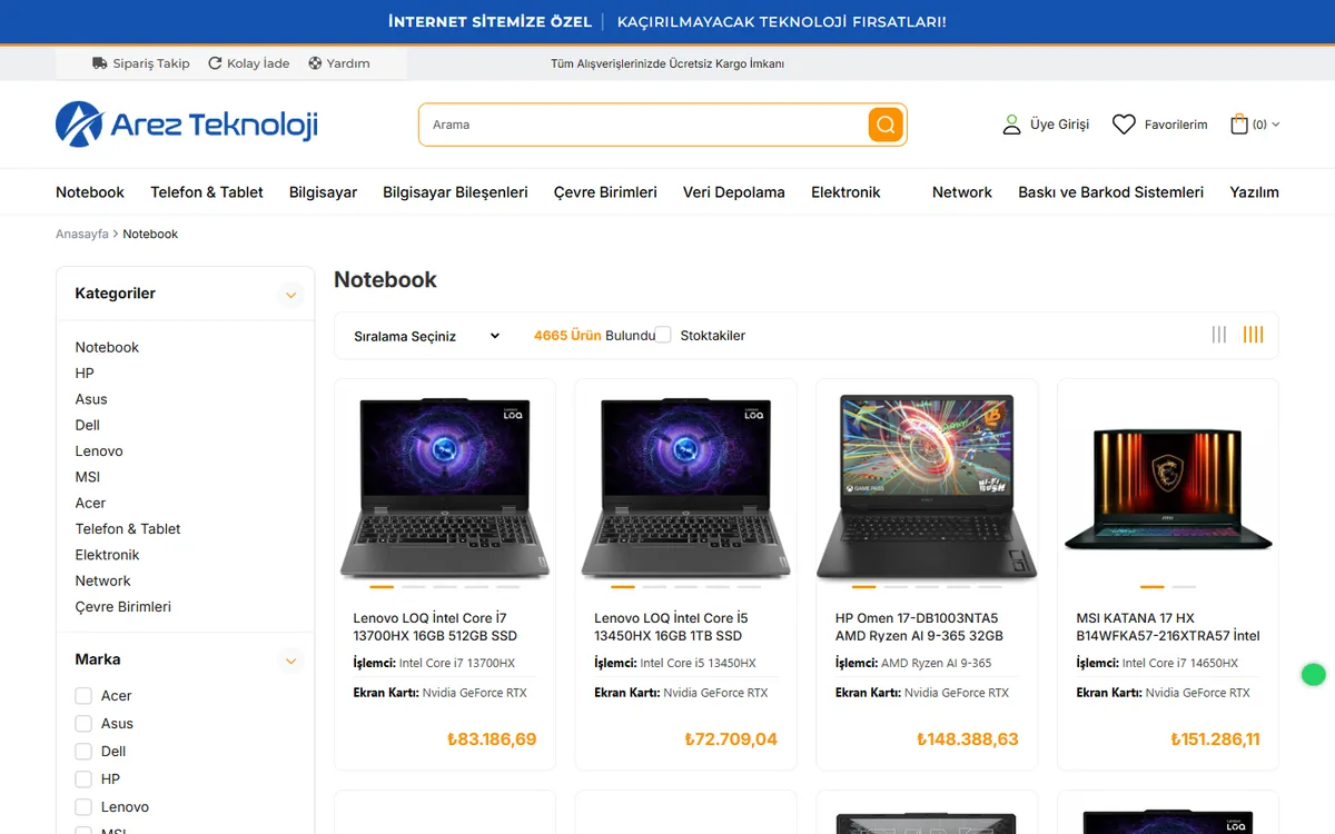Notebook kategorisi: marka ve teknik özellik filtreleri