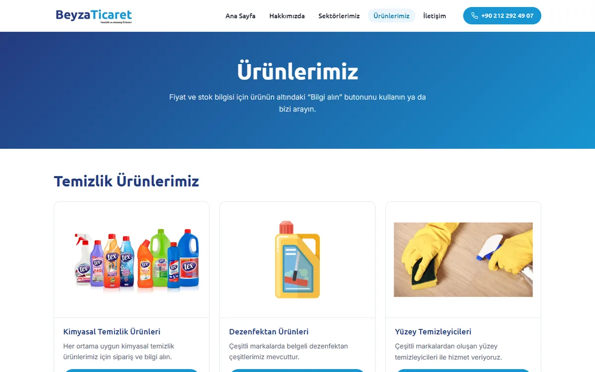 Ürünlerimiz: ürün grupları ve bilgi alma butonları