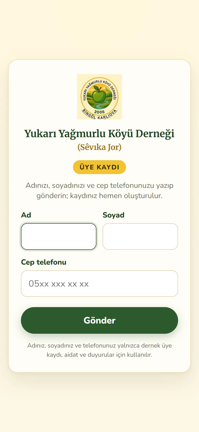 Hızlı üye kayıt sayfası