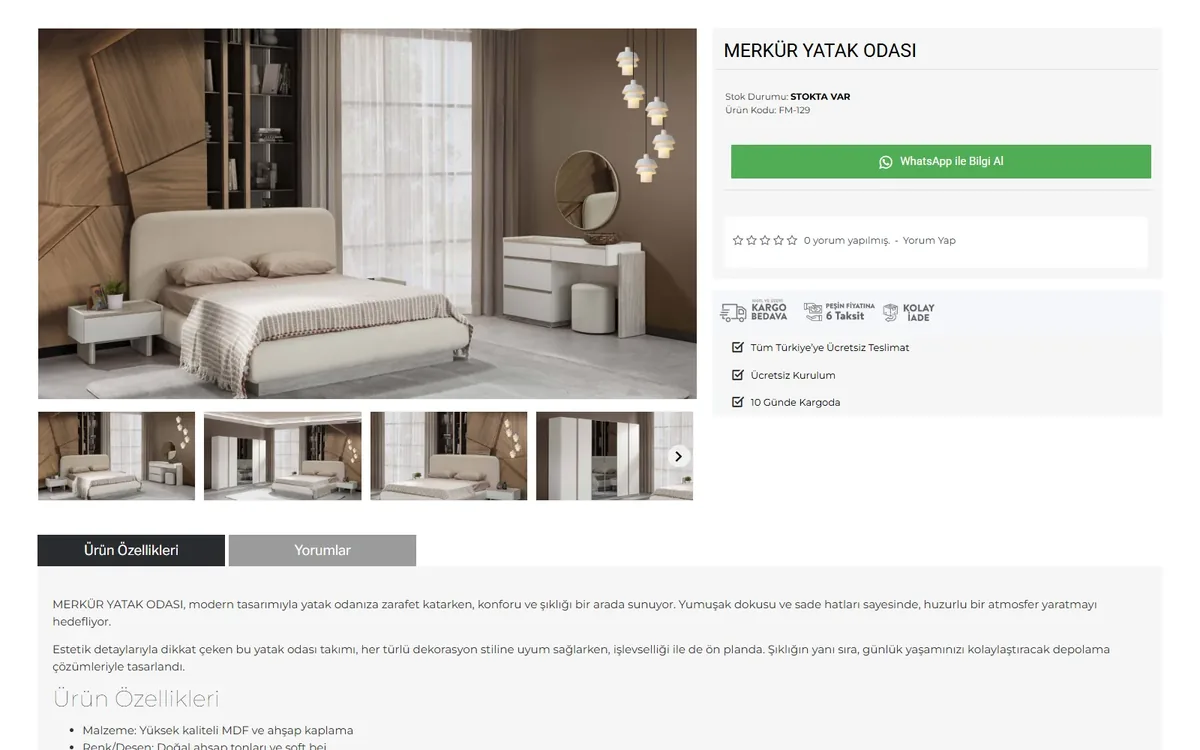 Ürün sayfası: görsel galeri, ürün kodu ve WhatsApp ile bilgi alma